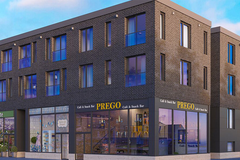 Bâtiment à usage mixte sur Jean-Talon à Montréal comprenant des condos et des espaces commerciaux modernes