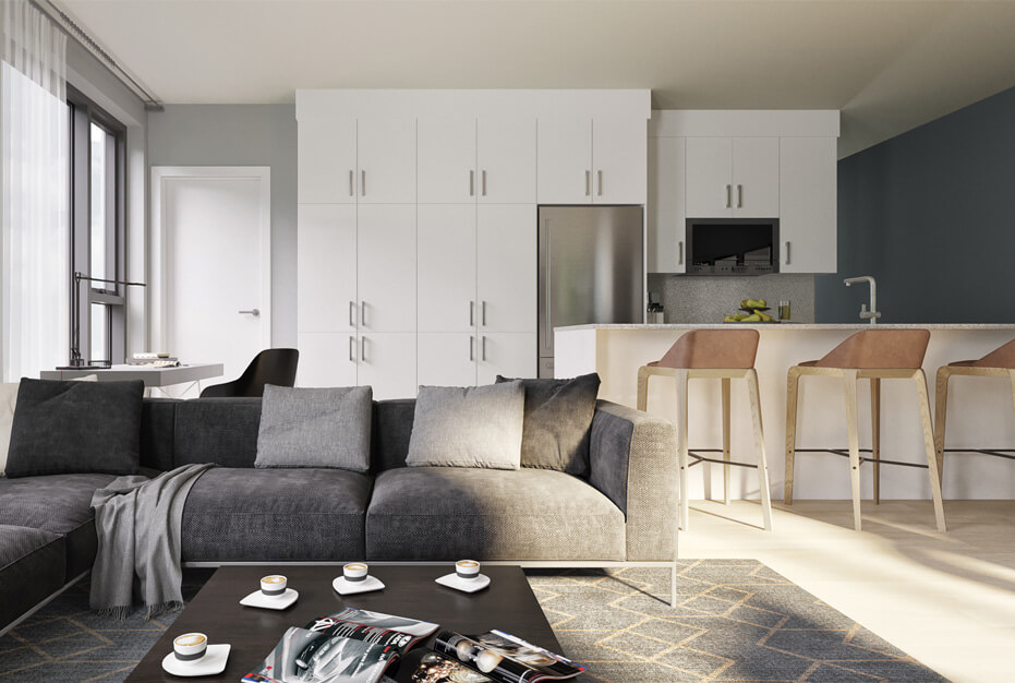 Aire ouverte moderne à Montréal avec salon et cuisine blanche avec comptoir bar