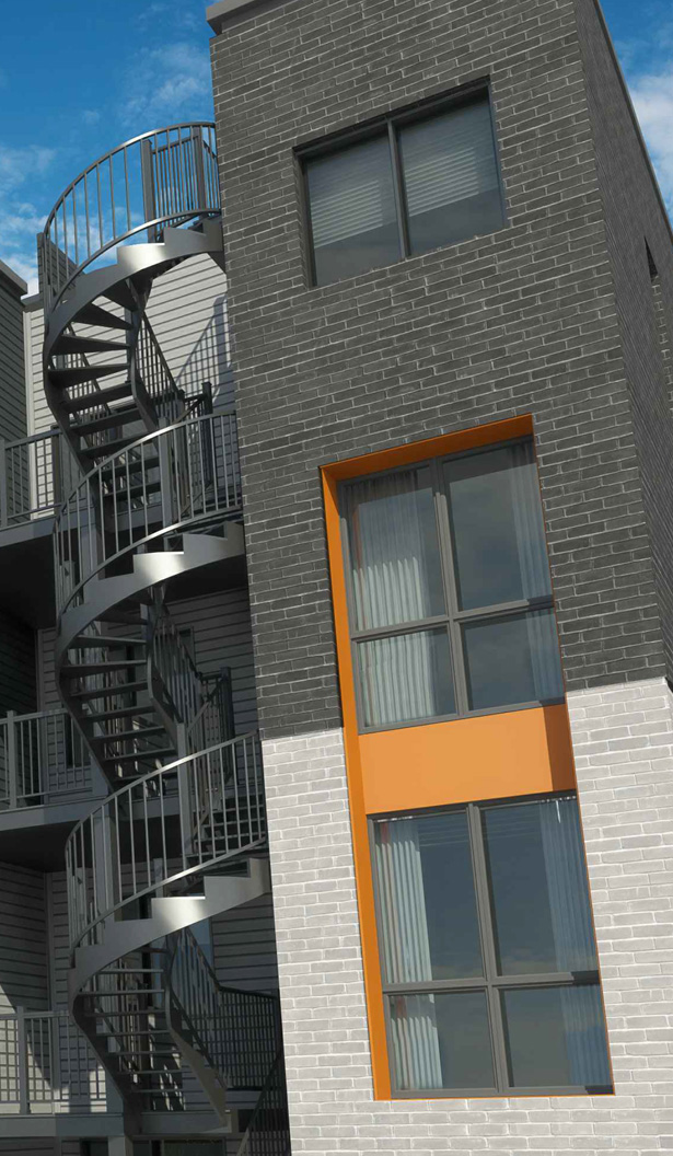 immeuble résidentiel avec escalier extérieur en colimaçon